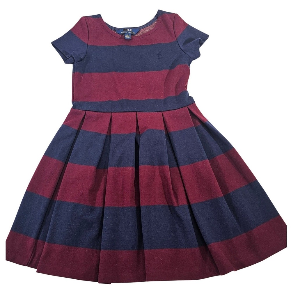 Polo Ralph Lauren Dress Girls 5 Burgundy Navy Striped Short Sleeve Fit Flare EUC